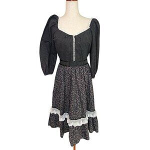 Vtg Prairie Dress Small Cottagecore Midi Black Ditsy Floral Lace Gunne Ruffle